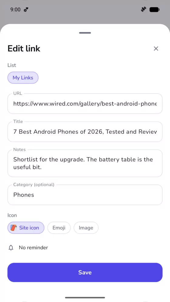 The edit sheet for a saved link, with its list, address, title, notes, category, icon choice and reminder