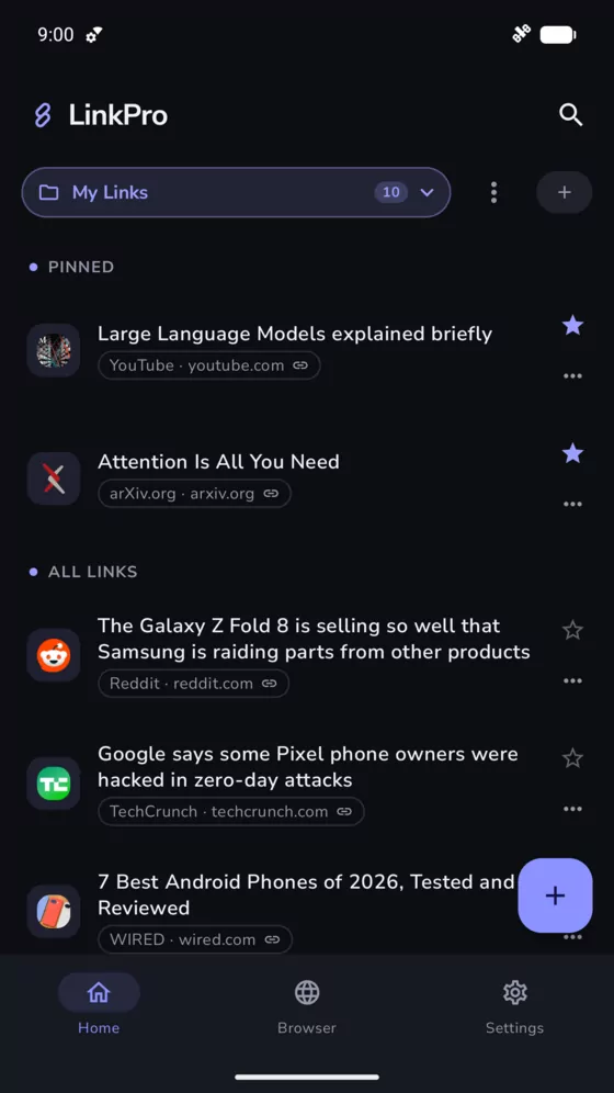 The same LinkPro home screen in the dark theme