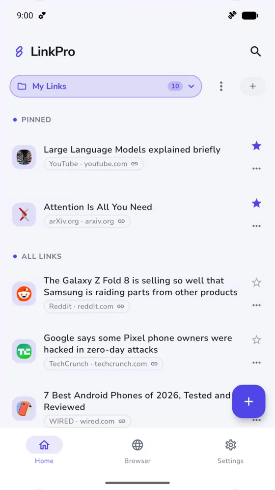 The LinkPro home screen, with a pinned block above the rest of the links in the My Links list