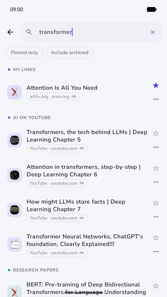 LinkPro search results for “transformer”, grouped under the My Links, AI on YouTube and Research papers lists