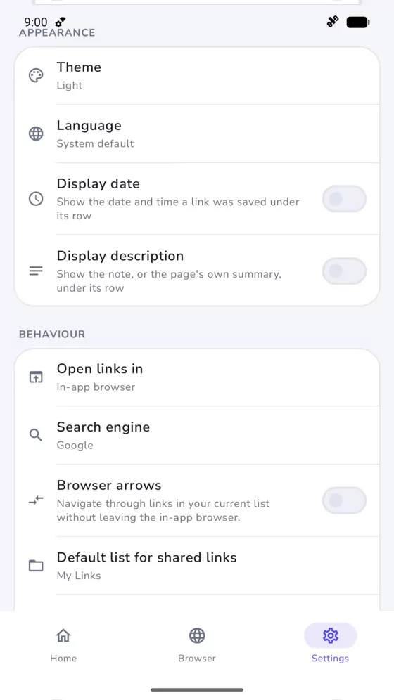 LinkPro settings, with theme, language, row display options, open-in mode and the default list for shared links