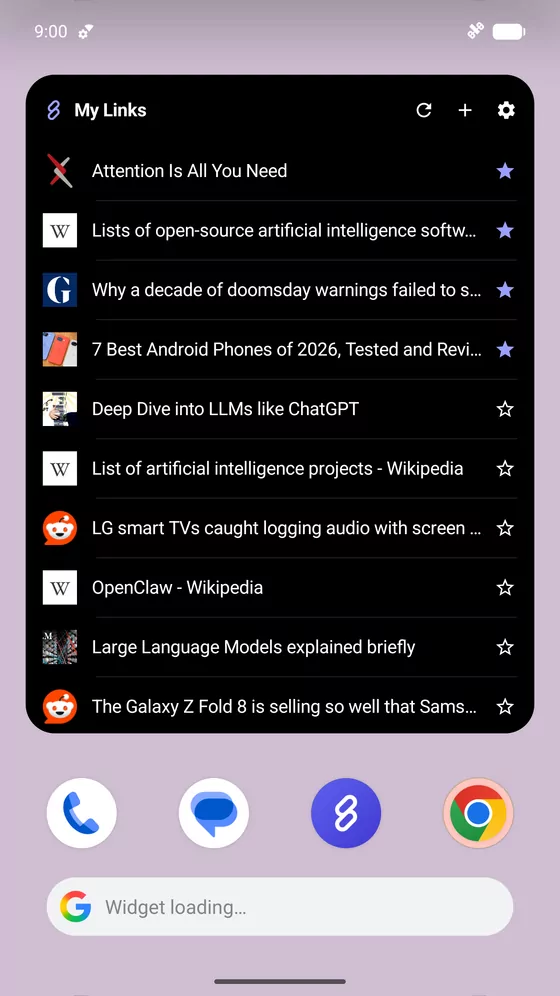 A LinkPro widget on an Android home screen, showing the My Links list with the pinned links starred