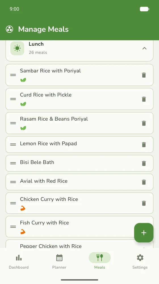 The meal library, with saved lunches listed and marked veg or protein
